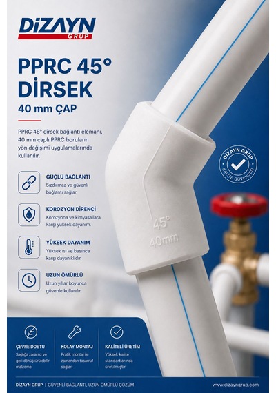 Dizayn Pprc 45 Derece Dirsek 40 Mm 20 Adet Pn25 Temiz Su Tesisat Boru Ek Parçası