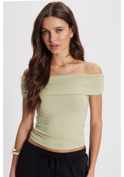 Tudors Kadın Slim Fit Dar Kesim Pamuklu Kayık Yaka Kısa Kollu Likralı Yeşil Bluz-50359 YEŞİL