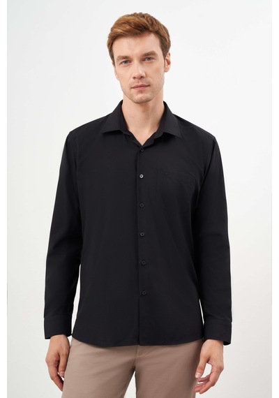 Morven Erkek Siyah Basic Düz Desen Cepli Sert Yaka Regular Fit Gömlek 24mc004057001 Siyah