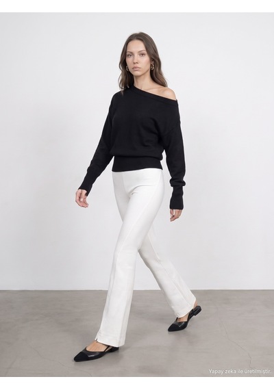 Dilvin 73037 Fermuar Detaylı Flare Pantalon Ekru