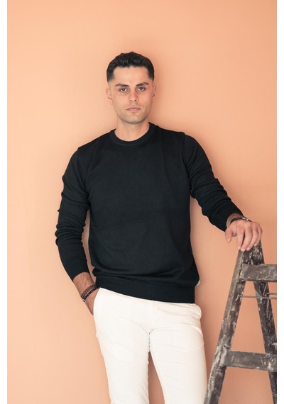 Sıfır Yaka Pamuklu Slimfit Basic Erkek Triko Kazak Siyah