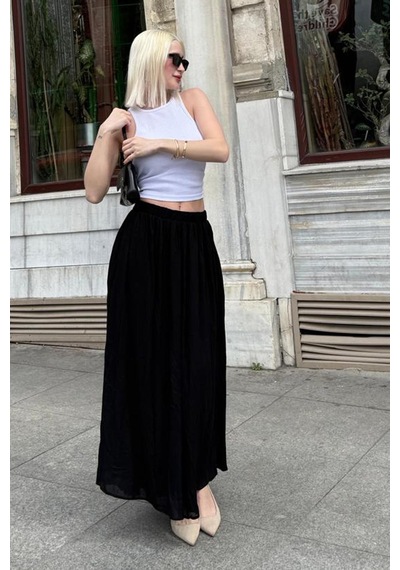 Madmext Siyah Vual Kumaş Basic Kadın Uzun Boy Kadın Etek Mg2366 Siyah