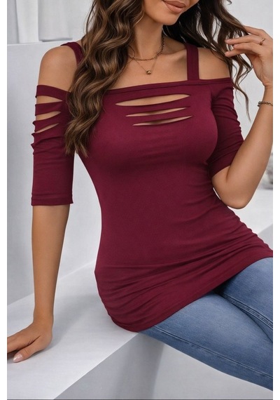 Efnaz Style Kadın Omuzlardan Açık Askılı Lazer Kesim Detaylı Viskon Bluz bordo