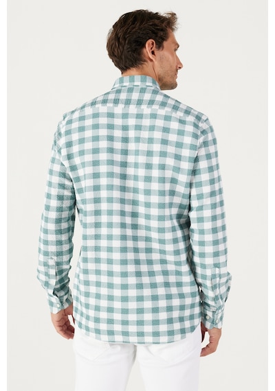 AC&Co / Altınyıldız Classics Erkek BEYAZ YESIL Slim Fit Dar Kesim Düğmeli Yaka Gofre Desenli Gömlek Beyaz - Yeşil