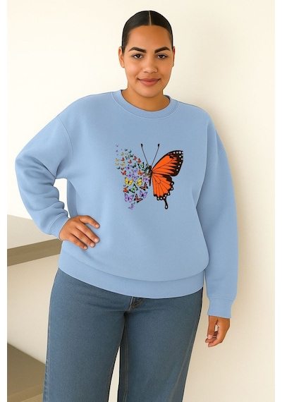 Benroma 3 İplik Penye Kelebek Baskılı Unisex Sweatshırt Bebe Mavisi