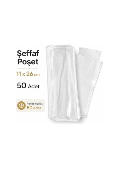 Şeffaf Poşet 11x26 Cm Kilitsiz Şeffaf Kalın Yırtılmaz Akıtmaz Şeker Şarküteri Poşeti 50 Adet