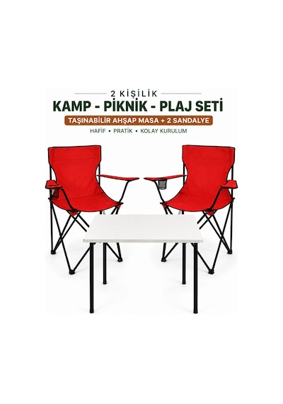2 Sandalyeli Katlanır Kamp Masa Sandalye Seti 60x45 Cm 3 Parça Beyaz-kırmızı