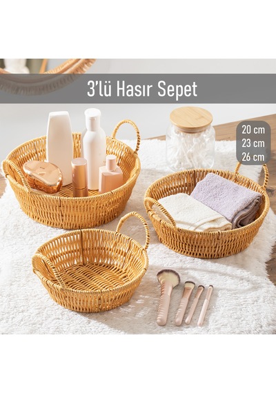 Porsima 304b 3 Lü Düzenleyici Hasır Sepet Seti Ekmeklik Sepet