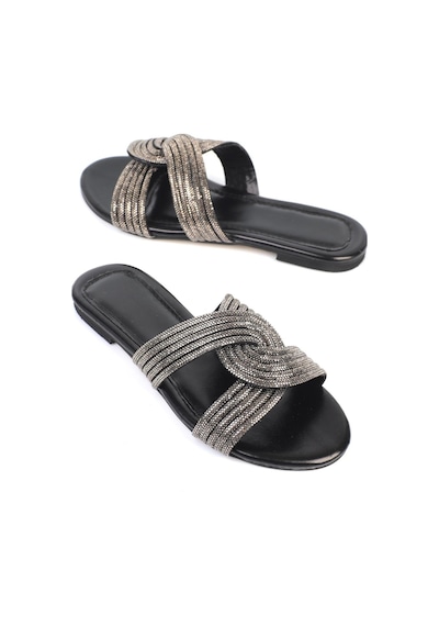 Shoetek Ona Kadın Terlik Çapraz Banlı Taşlı Siyah Deri Siyah Cilt Siyah