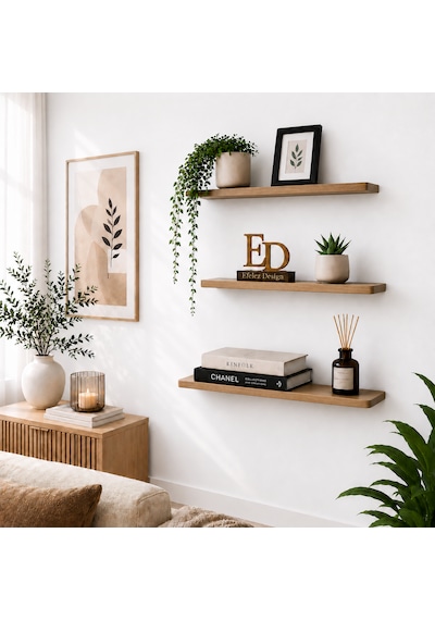 3'lü Duvar Rafı, Gizli Monte Dekoratif Uçan Raf, 60x18 Cm Geniş Ölçülerde Kenar Kavisli Raf Atlantik Çam