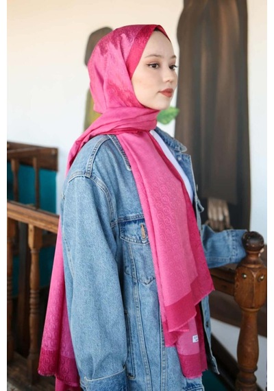 Premium Lux Original Monogram Şal İpek Vual, Yüksek Kalite, Hafif, Rahat, Şık, Tesettür, Shawl Fuşya Şeritli - Logolu