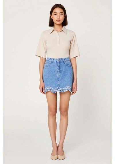 Benerly Kadın Mini Denim Etek Brode İşlemeli Detaylı Scallop Kesim %100 P Mavi