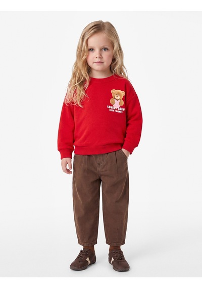 Koton Ayıcık Baskılı Arkası Baskılı Uzun Kollu Bisiklet Yaka Şardonlu Sweatshirt Kırmızı 7wmg10158ak