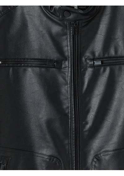 Lcwaıkıkı Classic Siyah Regular Fit Dik Yaka Erkek Deri Görünümlü Ceket