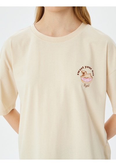 Koton Bisiklet Yaka Slogan Baskılı Oversize Kısa Kollu Pamuklu Tişört Bej 5sal10173ık Ekru