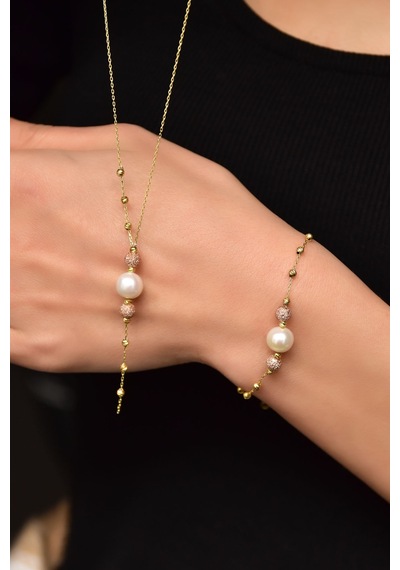 Papatya Silver 925 Ayar Gümüş Rose-Gold Kaplama Inci Simli Dorika Toplu Kolye ve Bileklik Set