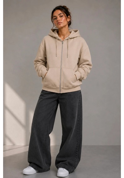 Bb Butik Basic Kadın Oversize Fermuarlı Kapüşonlu Sweatshirt Üç İplik Sweatshirt Hırka My3535 Bej Bb Butik Basic Kadın Oversize Fermuarlı Kapüşonlu Sweatshirt Üç İplik Sweatshirt Hırka My3535 Bej