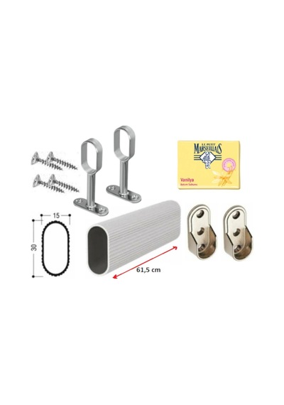Askılık Borusu Oval 61,5cm +2 Adet Oval Ayaklı Flanş +2 Adet Oval Sabit Flanş + Montaj Vidaları Set