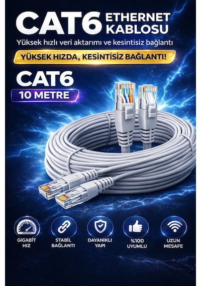 CAT6 Ethernet Kablosu 10m Gigabit LAN Kablosu Yüksek Hızlı İnternet Kablosu