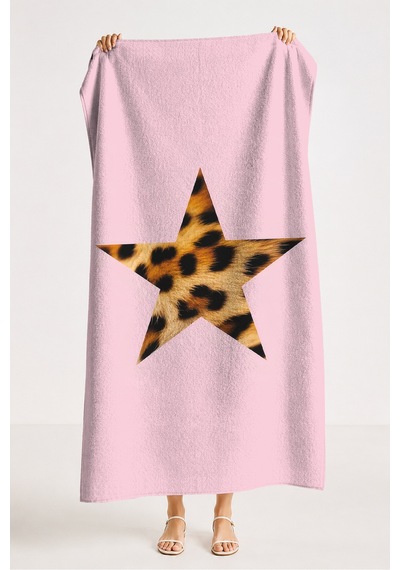 Yıldız Leopar Desenli Pembe Plaj Havlusu - Modern Pop Art Kum Tutmayan Havlu Havuz Deniz Banyo Kuru Melisa