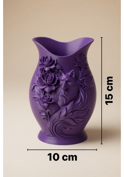 Kurt Desenli Gül Kabartmalı Dekoratif Vazo Mat Dokulu Ev Ofis Salon Masa Raf Süsü Çiçeklik 15x10 Cm Mor