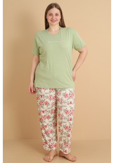 Wordex Mirano 4503 Çiçekli Kısa Kollu Pamuklu Penye Büyük Beden Kadın Pijama Takımı Yeşil Wordex Mirano 4503 Çiçekli Kısa Kollu Pamuklu Penye Büyük Beden Kadın Pijama Takımı Yeşil