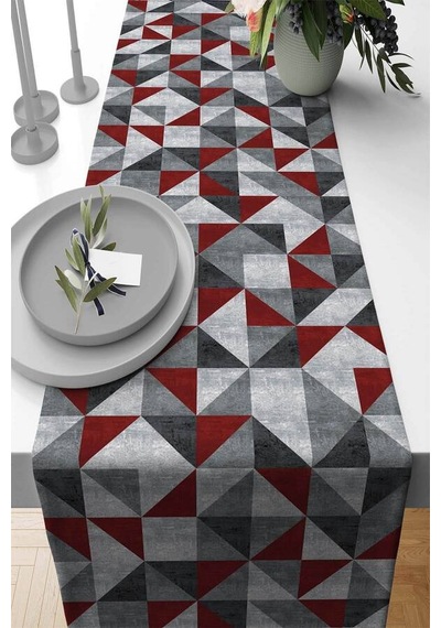 Bordo Geometrik Desenli Premium Masa Örtüsü Runner Rnr383n11