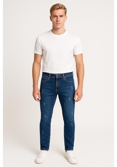 Erkek Slim Fit Dar Paça Esnek Likralı Denim Jeans Kot Pantolon - 7408 Koyu Mavi