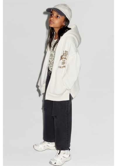 Unisex Fermuarlı Kapşonlu Pamuk Hırka Sweat Krem