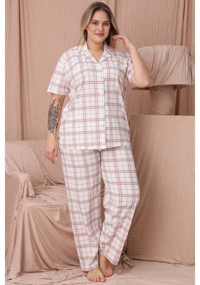 Wordex Mirano 4951 Kısa Kollu Süprem Kumaş Kareli Büyük Beden Düğmeli Kadın Pijama Takımı Beyaz Wordex Mirano 4951 Kısa Kollu Süprem Kumaş Kareli Büyük Beden Düğmeli Kadın Pijama Takımı Beyaz