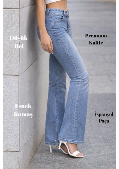 Cedy Denım Yüksek Kalite Kadın 5 Cep Düşük Bel İspanyol Paça Skinnyfit Esnek Jean Pantolon C619 Açık Mavi