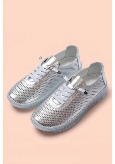 Analin Shoes Hakiki Deri Kadın Casual Ayakkabı Gümüş