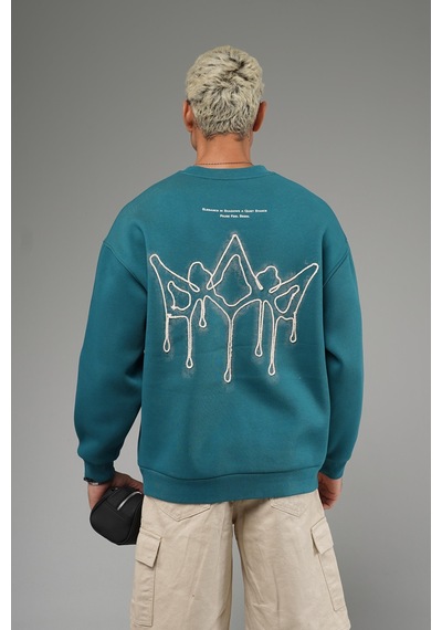 Nakış Detaylı Logolu Bisiklet Yaka Oversize Kalıp Sweatshirt Yeşil