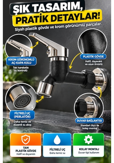 Siyah Plastik Bahçe Wc Musluğu Filtreli Perlatörlü Tek Kollu Aç Kapa Duvar Tipi Lavabo Su Musluğu Ev