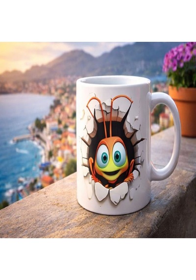 Sevimli Böcek Karakter 3d Tasarımlı Kupa Eğlenceli Karikatür Kahve Kupası Beyaz