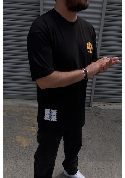 Erkek Bisiklet Yaka Baskılı Oversıze Siyah T-shirt Siyah