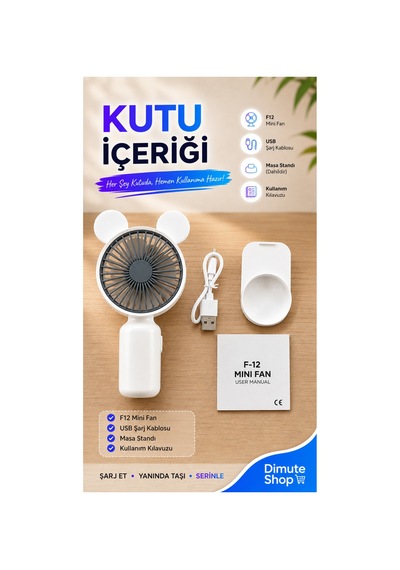 F12 Mini El Fanı Şarjlı Taşınabilir Usb El Vantilatörü Beyaz - 886035522