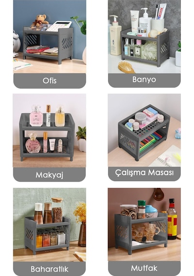 2'li Çift Katlı Makyaj Takı Kozmetik Rafı Düzenleyici Çok Amaçlı Organizer Antrasit