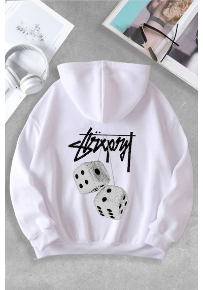 Macklin Unisex Kadın Erkek Graffiti Zar Özel Tasarım Baskılı Kapşonlu Sweatshirt Beyaz Mck1081 Beyaz