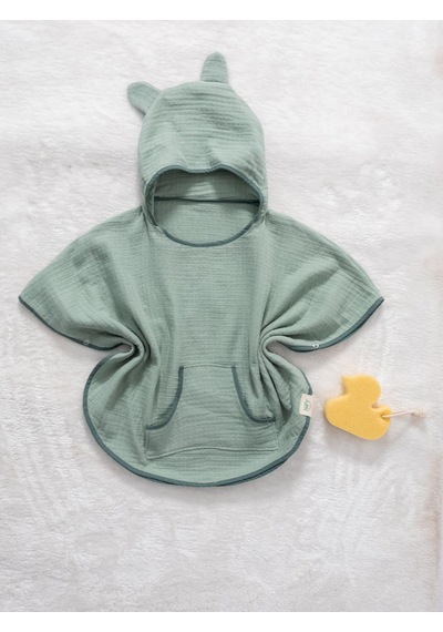 Organik Pamuk, Kapüşonlu Müslin Çocuk Pançosu - Mint 12 - 36 Ay