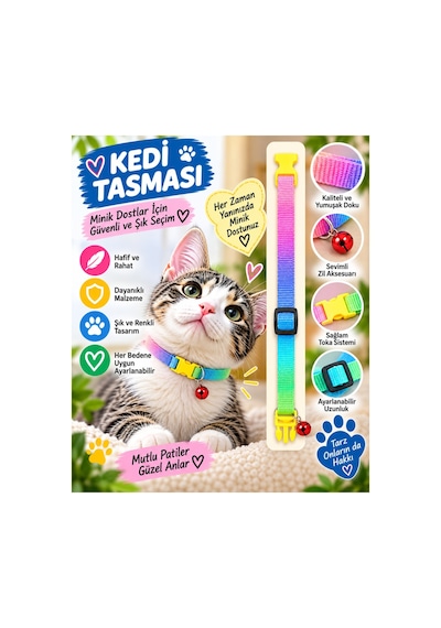 Kedi Tasması Gökkuşağı Degrade Renkli Zilli Ayarlanabilir Boyun Tasması Diğer