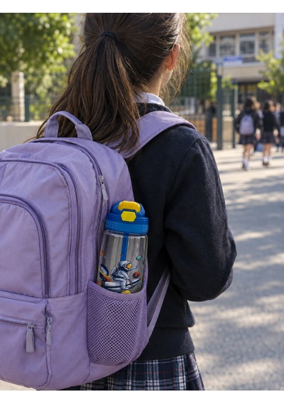 480 Ml Baskılı Çocuk Matarası Kilitli Kapak Ve Taşıma Kulpu Lacivert