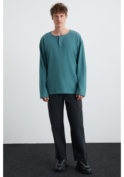 Lorenzo Erkek Özel Rustik Dokulu %100 Organik Pamuk Düğme Detaylı Regular Yeşil Sweatshirt