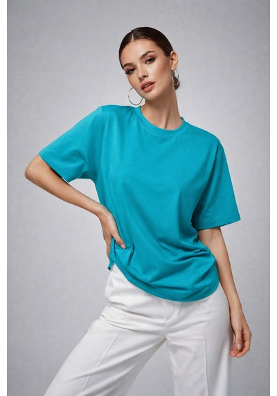 Kadın Turkuaz %100 Pamuk Oversize Basic Tişört Rahat Kalıp Relaxed Bisiklet Yaka T-shirt Turkuaz