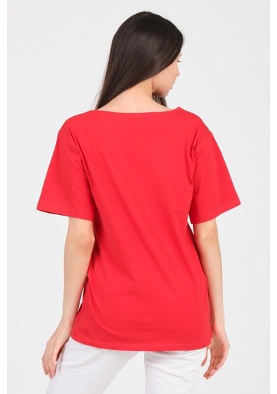 As Collection Kırmızı V Yaka Kısa Kol Boyfriend Kadın T-shirt Kırmızı