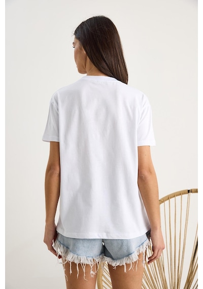 Shade Bisiklet Yaka Çiçek Aksesuarlı Kısa Kollu T-shirt 60602060 - Beyaz