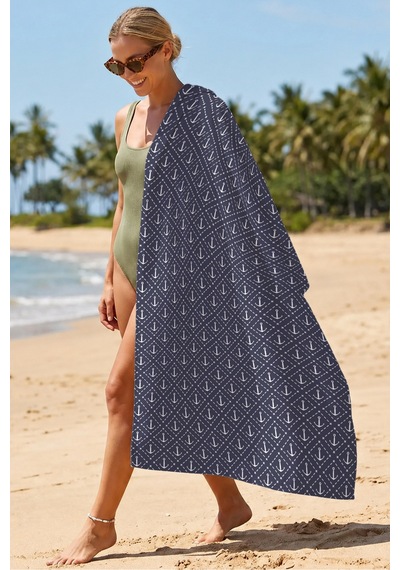 Çapa Marine Plaj Havlu Örtüsu - Lacivert Beyaz Nautical Stil Hızlı Kuruyan Mikrofiber Havlu Örtü Bulut Gölgesi