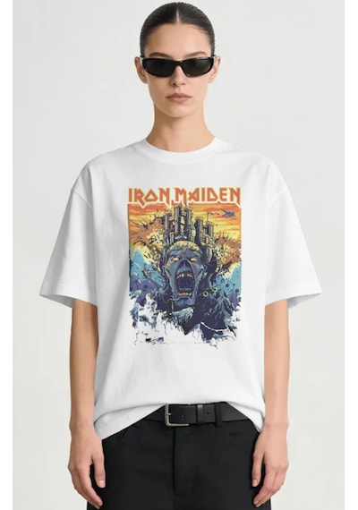 Iron Maiden Rock Metal Müzik Grubu Baskılı Unisex Oversize Premiu Beyaz