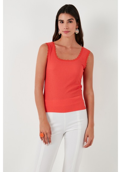 Lela Slim Fit Kalın Askılı Dantelli Kare Yaka Bürümcük Bayan Atlet 5864979 Nar Çiçeği