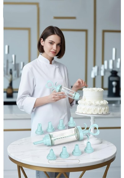 Transformacion Profesyonel 8 Başlıklı Pasta Krema Süsleme Pompası Seti, Enjektör Uçlu, Şeffaf Gövde, 18-20 Cm Y Diğer